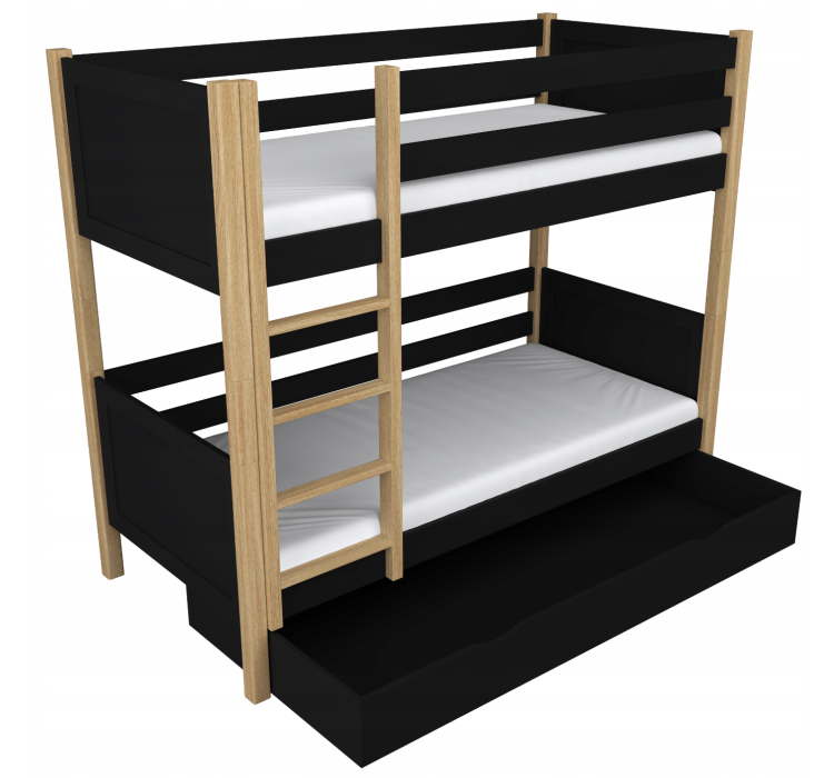 Stockbett "TWO" mit 2 Schlafplätzen und 1 Schublade - schwarz / eiche